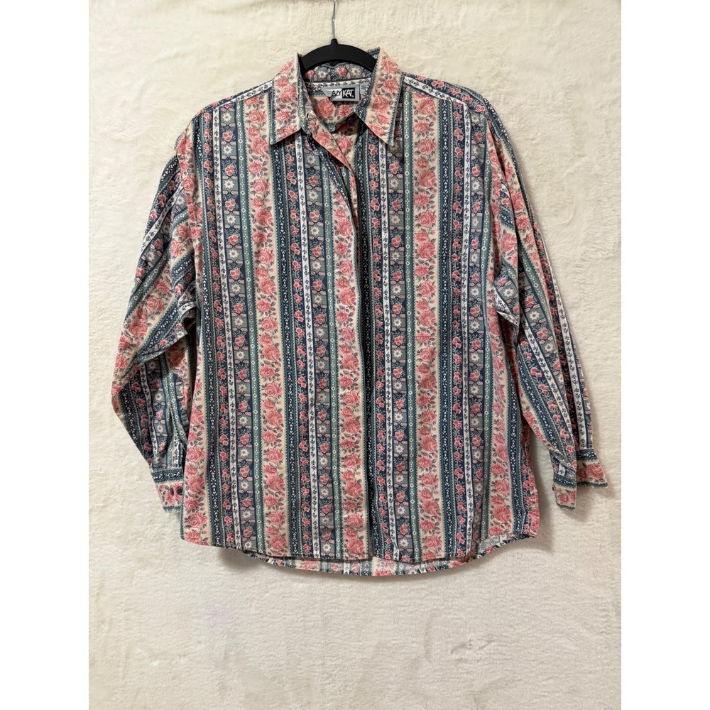 Krazy Kat Vintage Floral Stripe Button Down Shirt Womens Medium Pink Blue Cotton